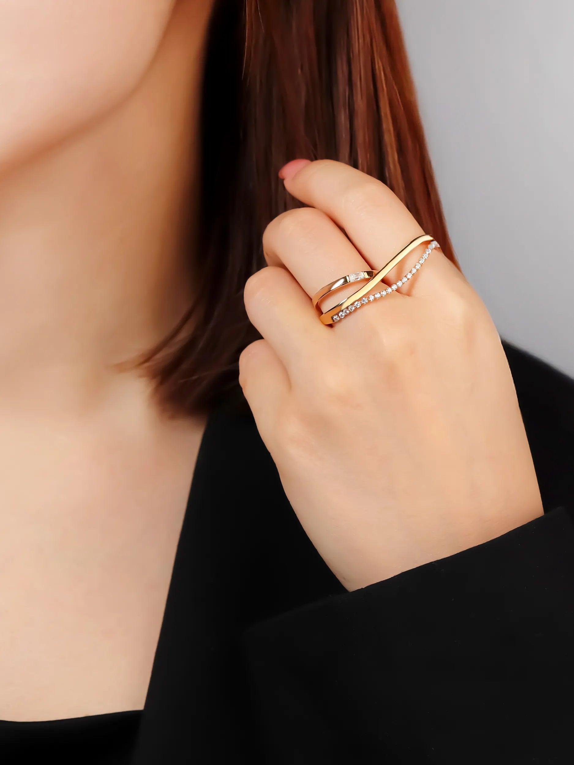 [Silk chain] バゲットプリンセスカット ウェーブ ダブルフィンガーリング