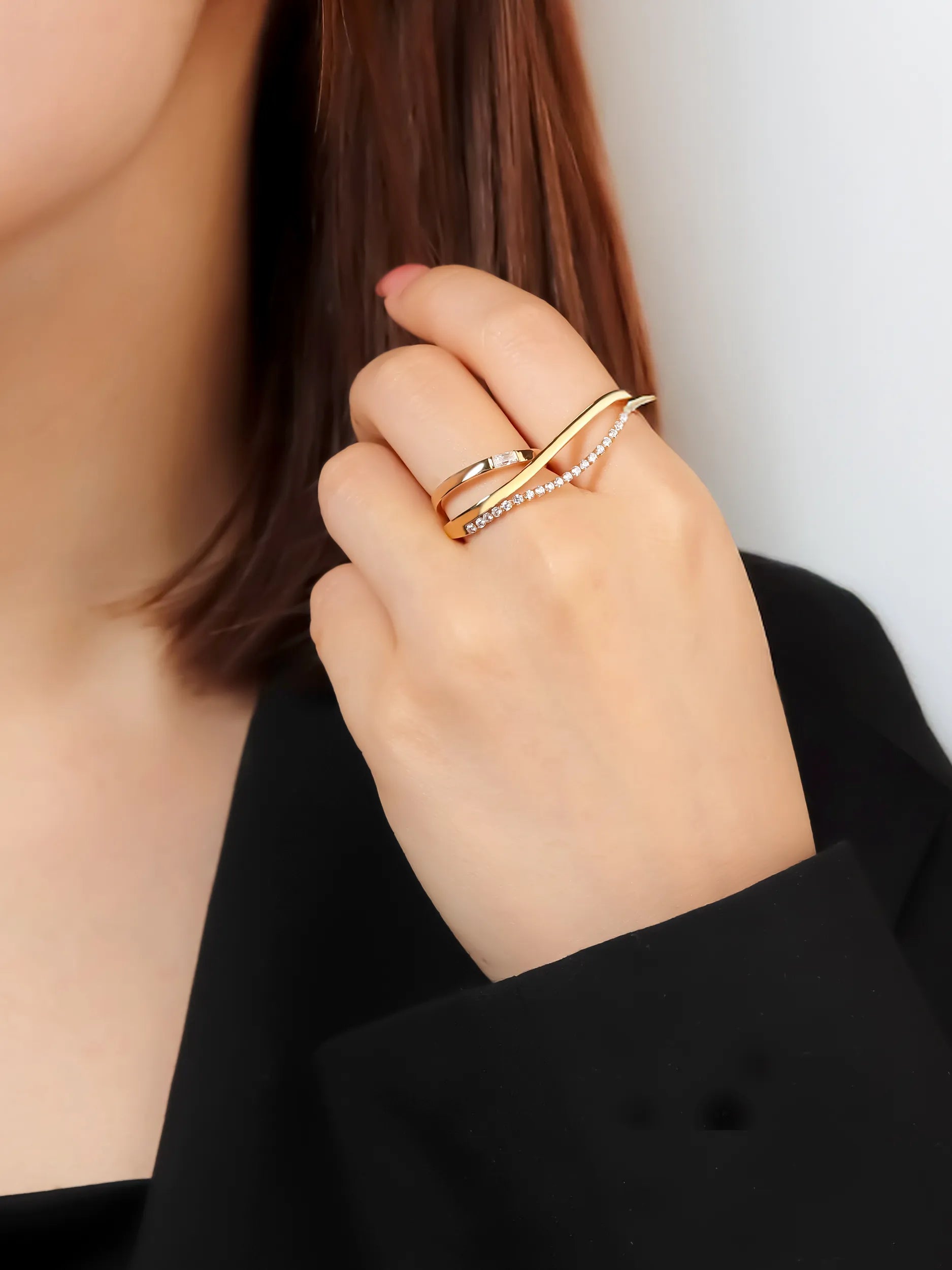[Silk chain] バゲットプリンセスカット ウェーブ ダブルフィンガーリング