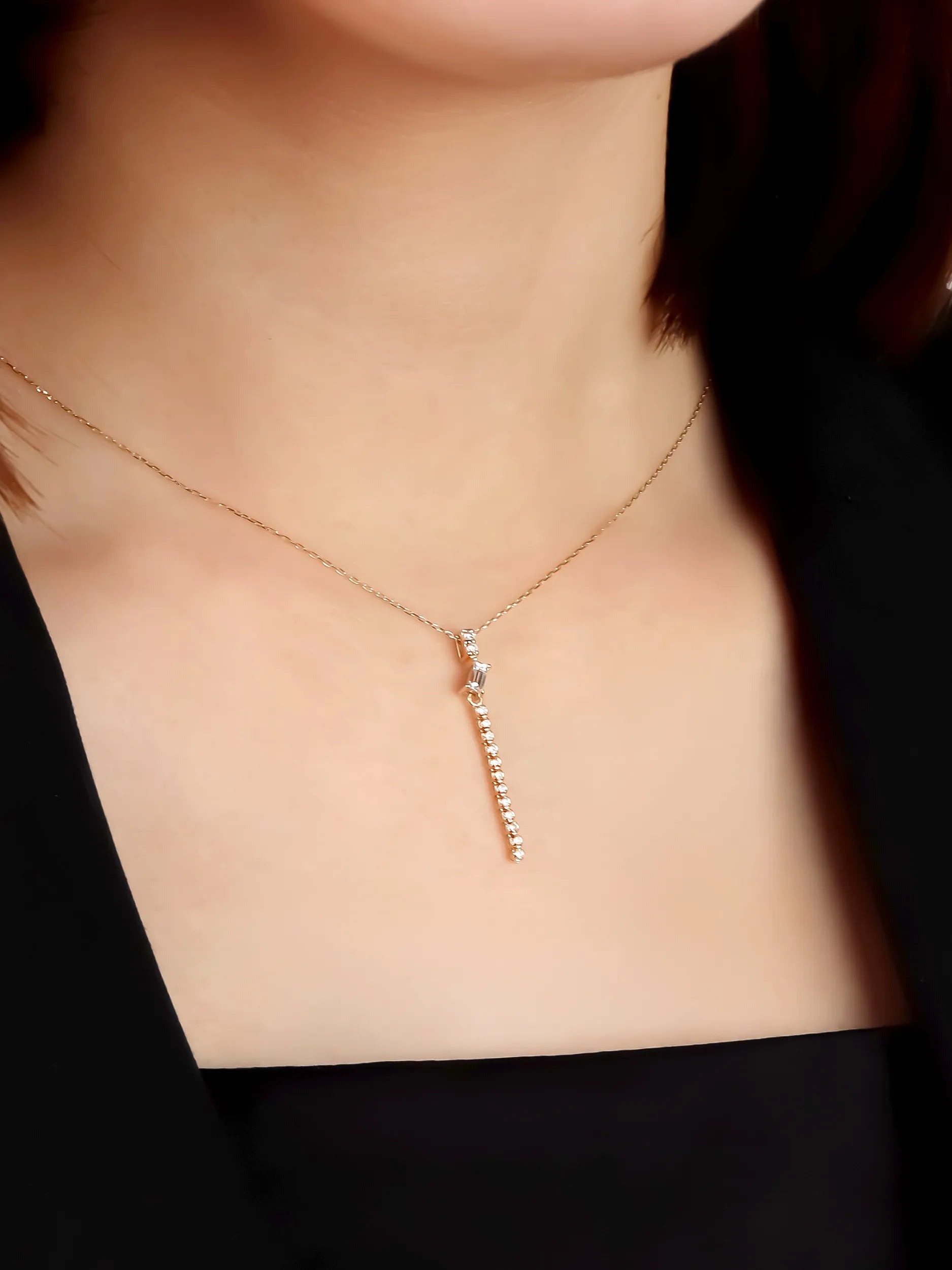 [Silk chain] K10YG ラボダイヤ バゲットカット ライン ネックレス