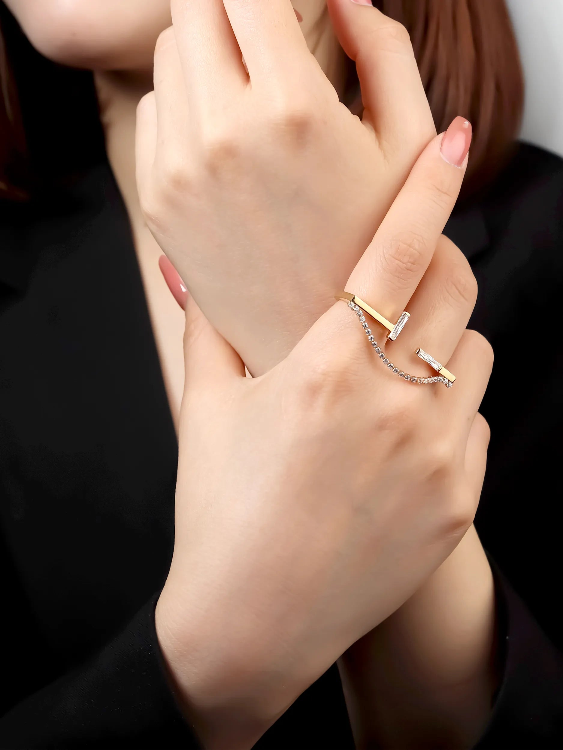 [Silk chain] バゲットプリンセスカット アパートライン ダブルフィンガーリング