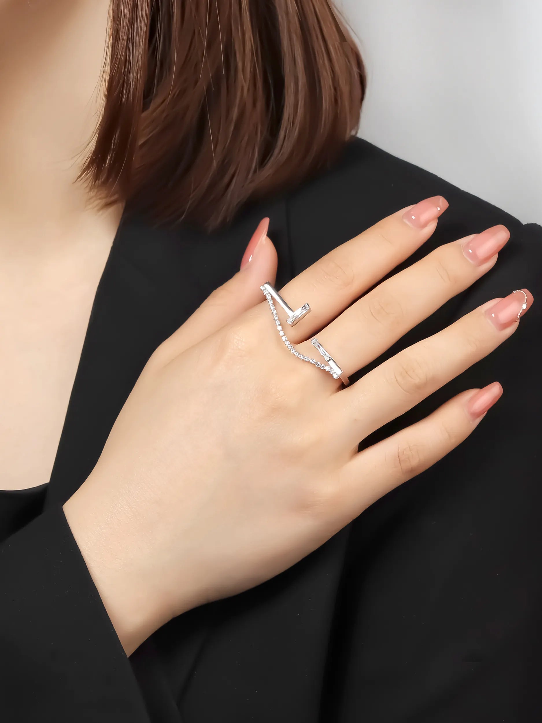 [Silk chain] バゲットプリンセスカット アパートライン ダブルフィンガーリング