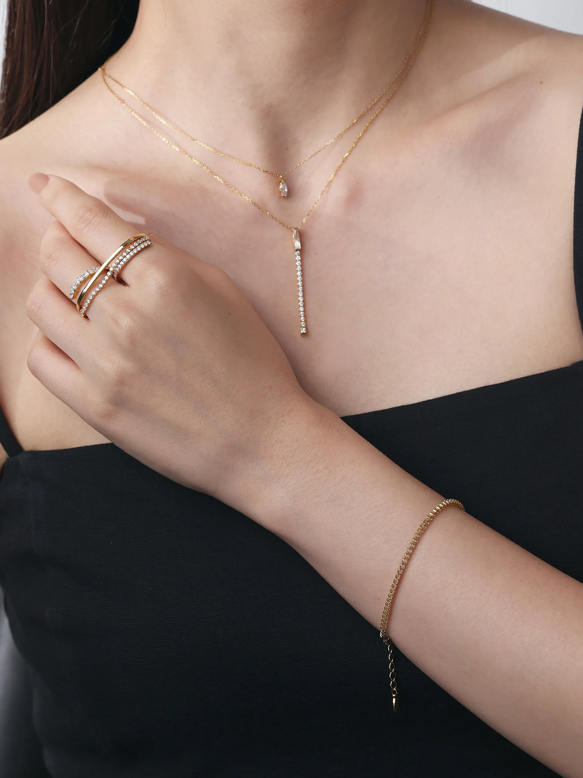 [Silk chain] バゲットプリンセスカット ドレープ　ダブルフィンガーリング